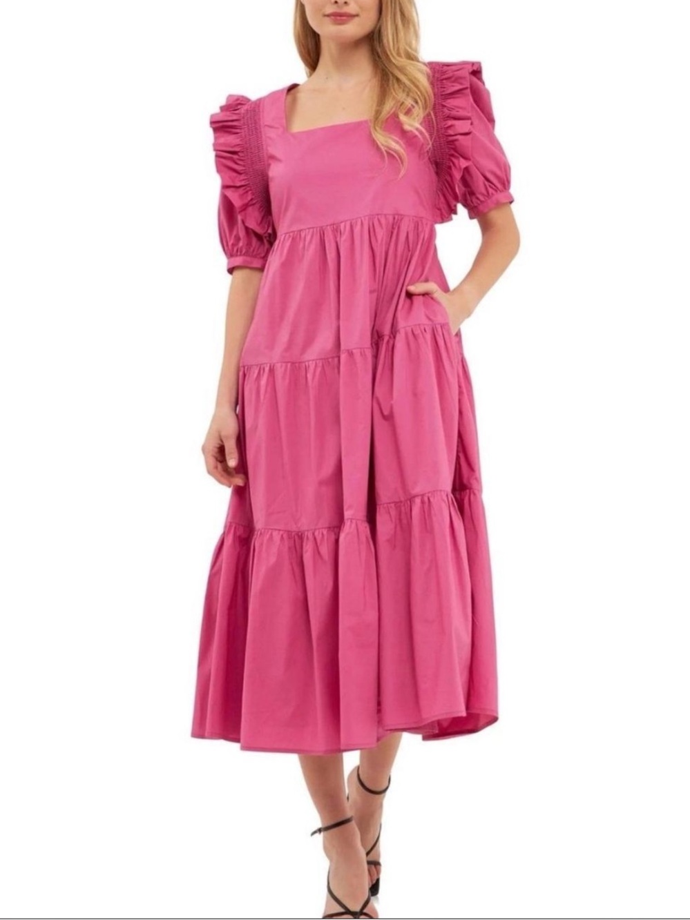 English Factory Hot Pink Tiered Square-Neck Midi Dress Size S NWT